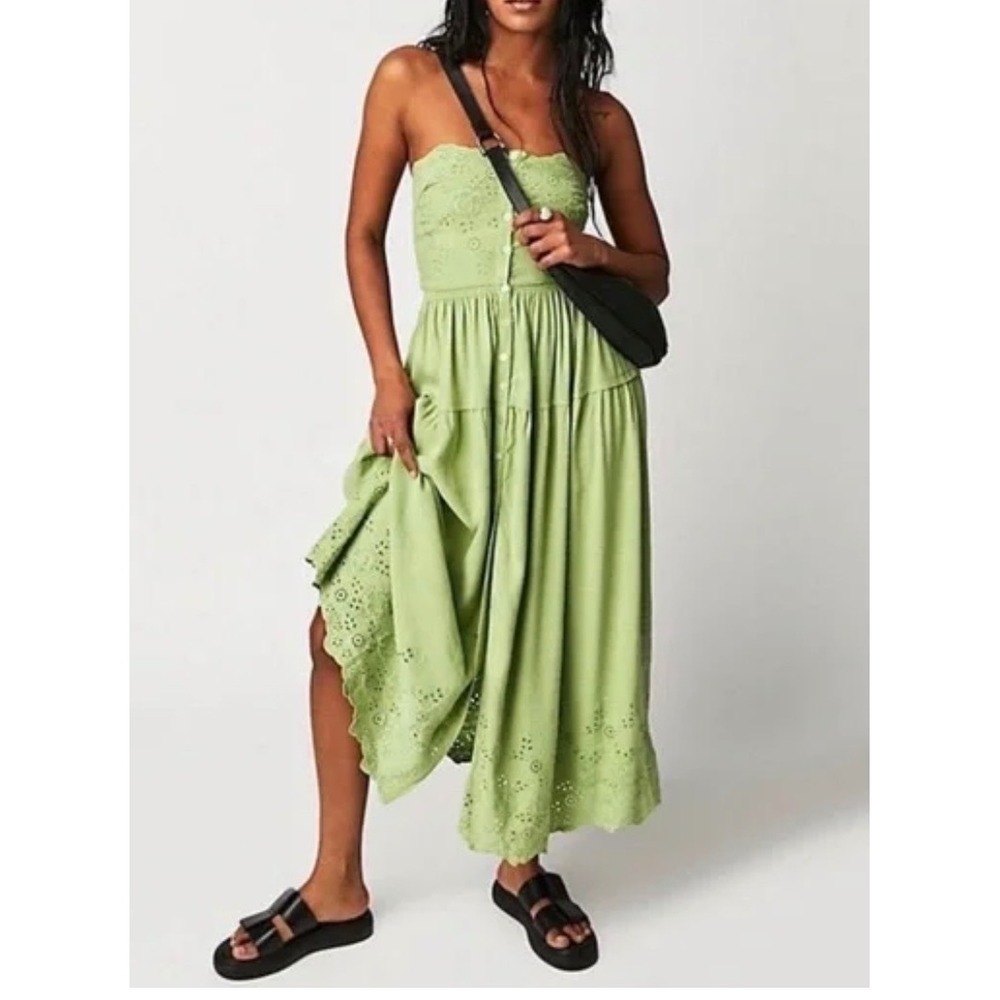 Free People Strapless Evelyn Eyelet Maxi/midi Dress Green Linen boho cottage M